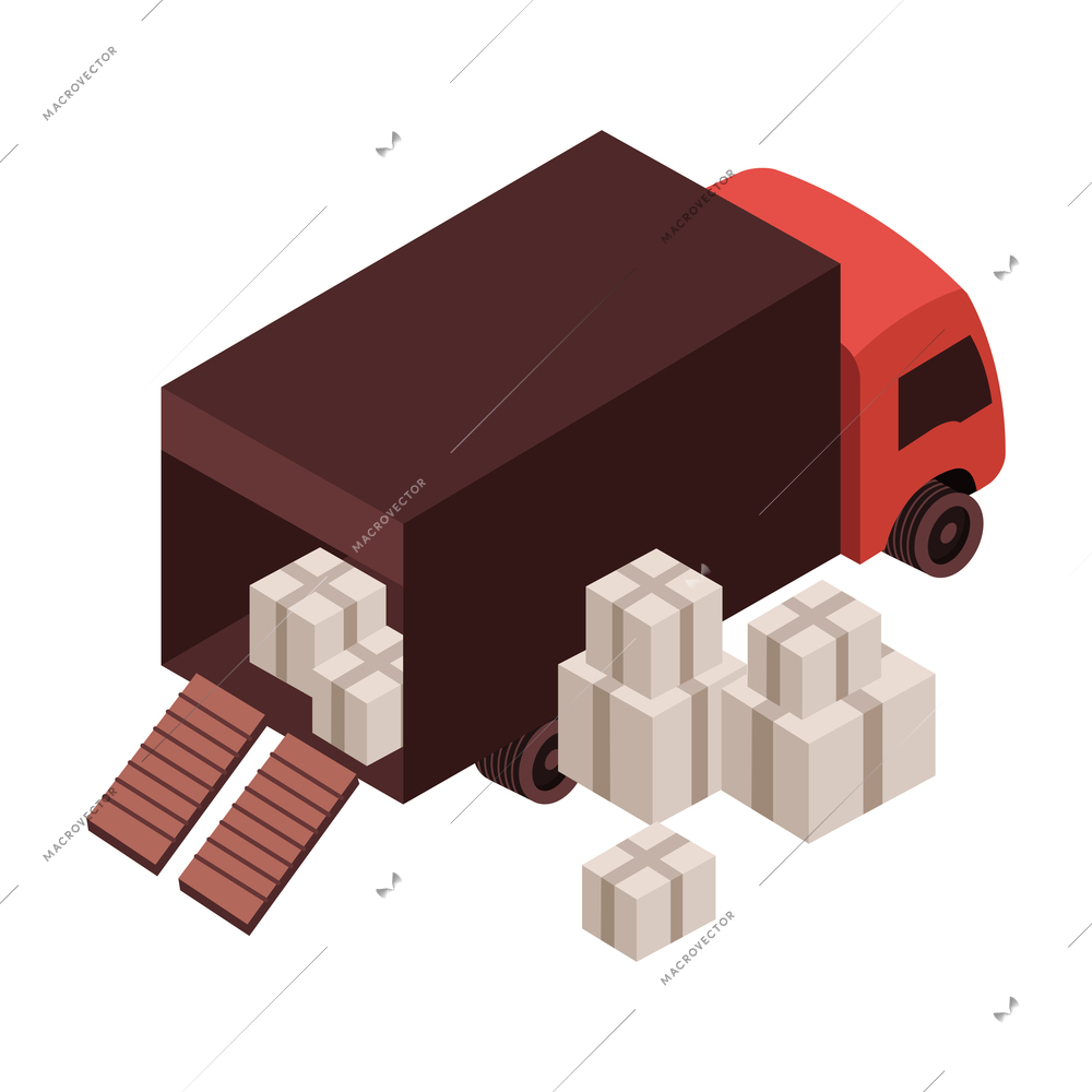 Mortgage isometric composition with isolated image of truck and stacks of boxes to be loaded vector illustration