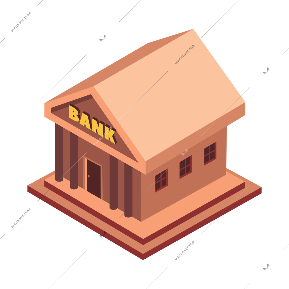 Mortgage isometric composition with isolated image of vintage bank building with pillars and text vector illustration