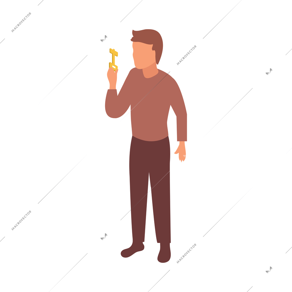 Mortgage isometric composition with isolated character of man holding key vector illustration