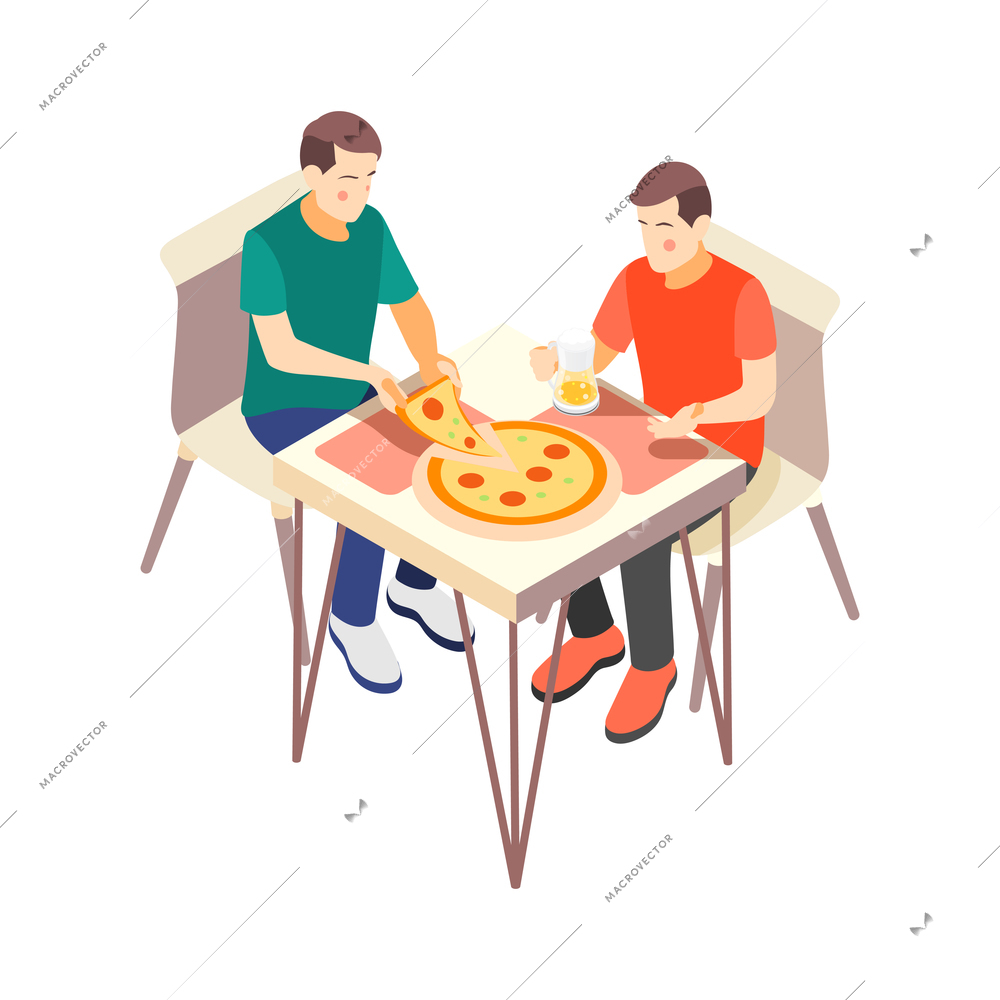 True male friendship isometric composition with characters of young friends eating pizza vector illustration