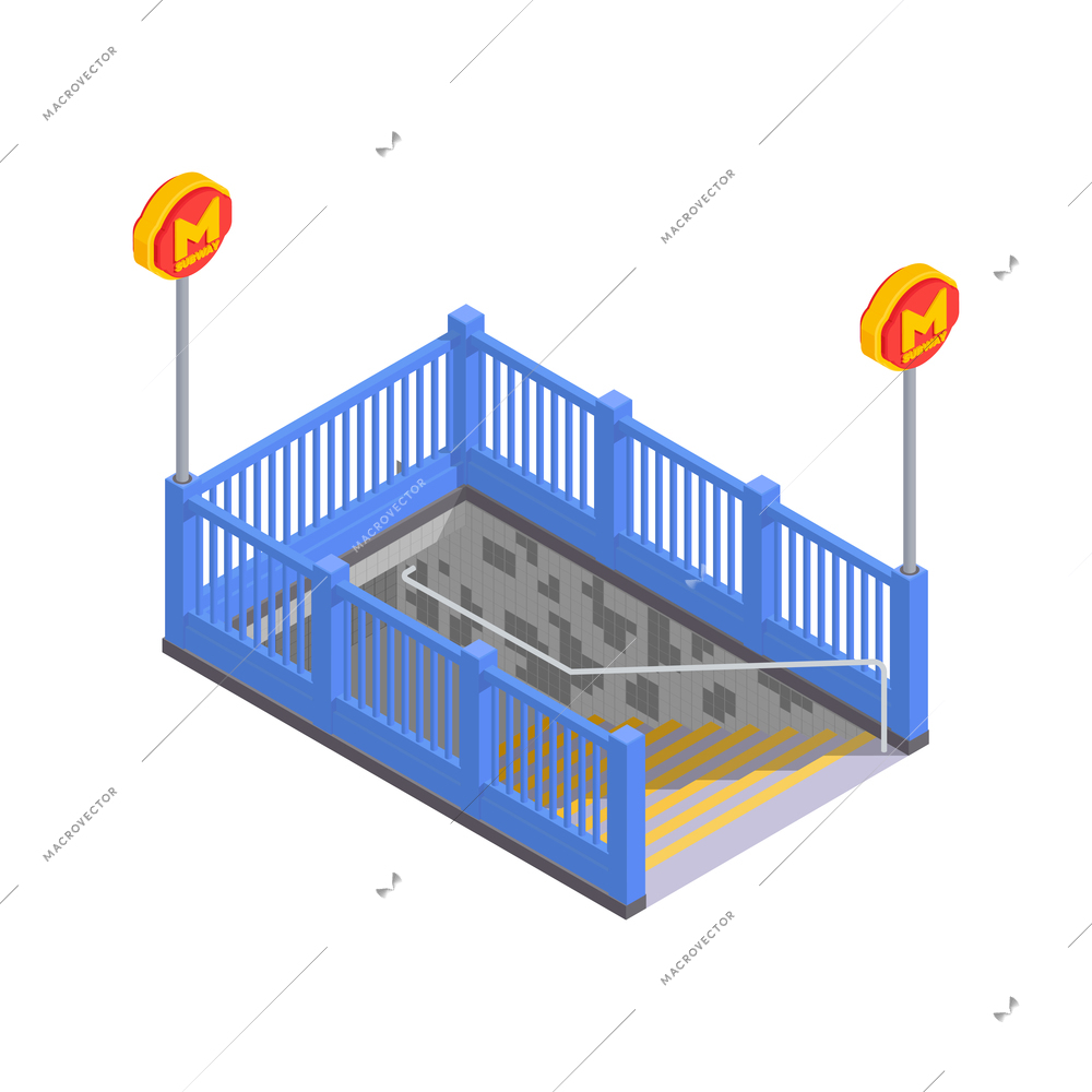 Subway metro isometric composition with isolated image of underground entrance with stairway vector illustration