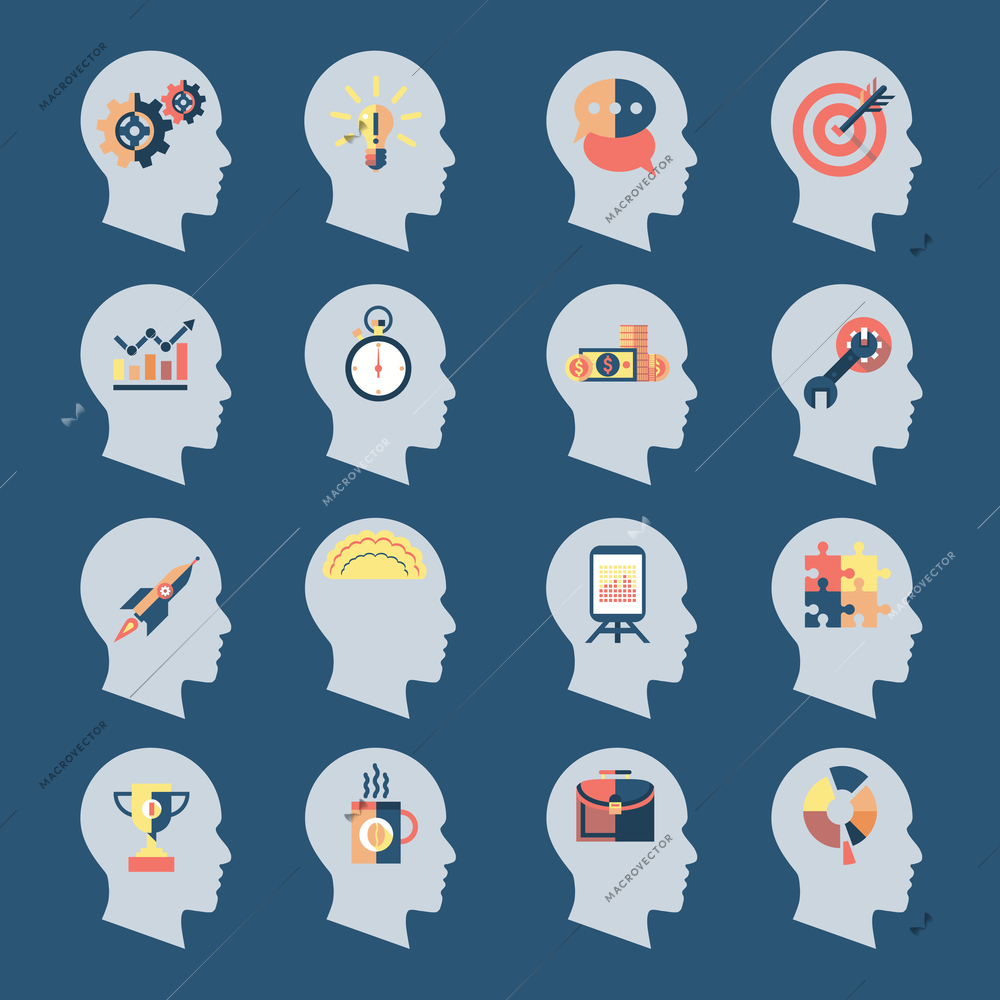 Human head silhouettes with idea icons inside isolated vector illustration