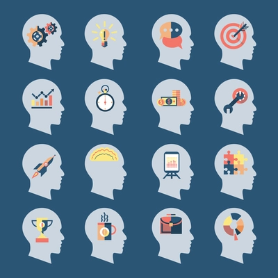 Human head silhouettes with idea icons inside isolated vector illustration