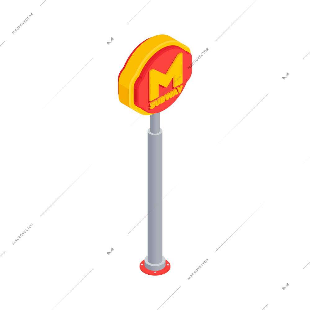 Subway metro isometric composition with isolated image of metro sign post with iron pole and logo vector illustration