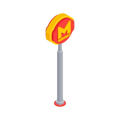 Subway metro isometric composition with isolated image of metro sign post with iron pole and logo vector illustration