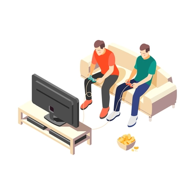 True male friendship isometric composition with characters of young friends playing video game vector illustration