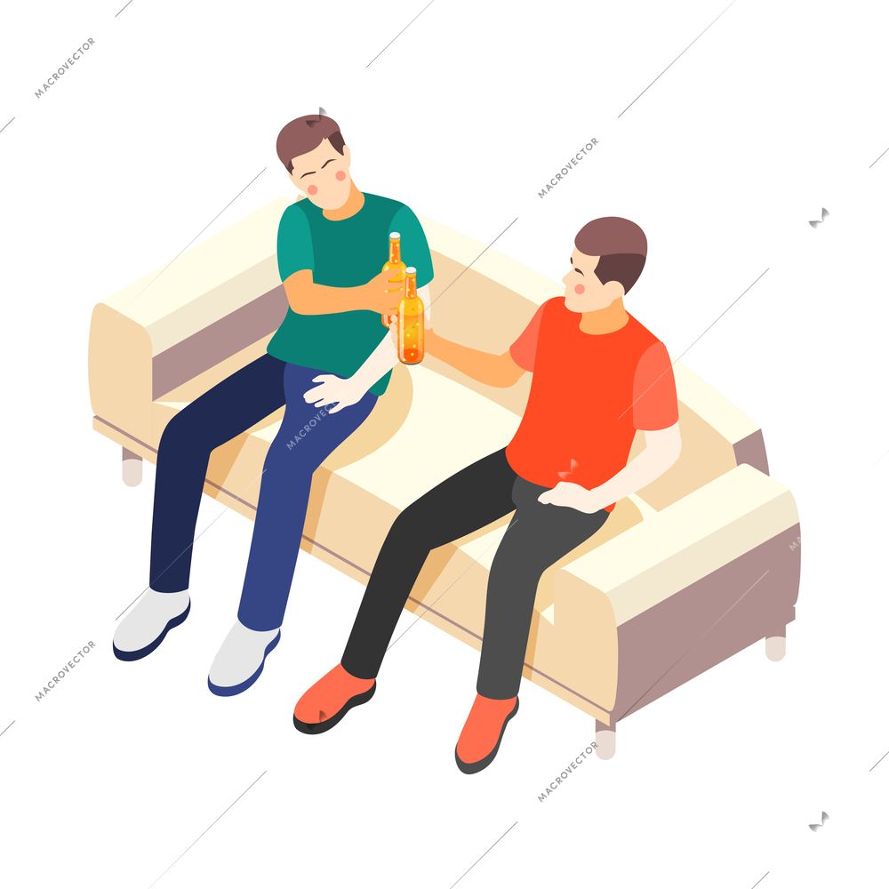 True male friendship isometric composition with characters of young friends drinking beer vector illustration