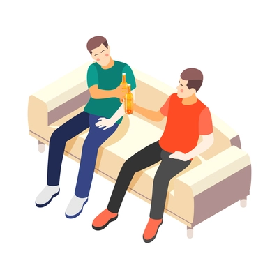 True male friendship isometric composition with characters of young friends drinking beer vector illustration