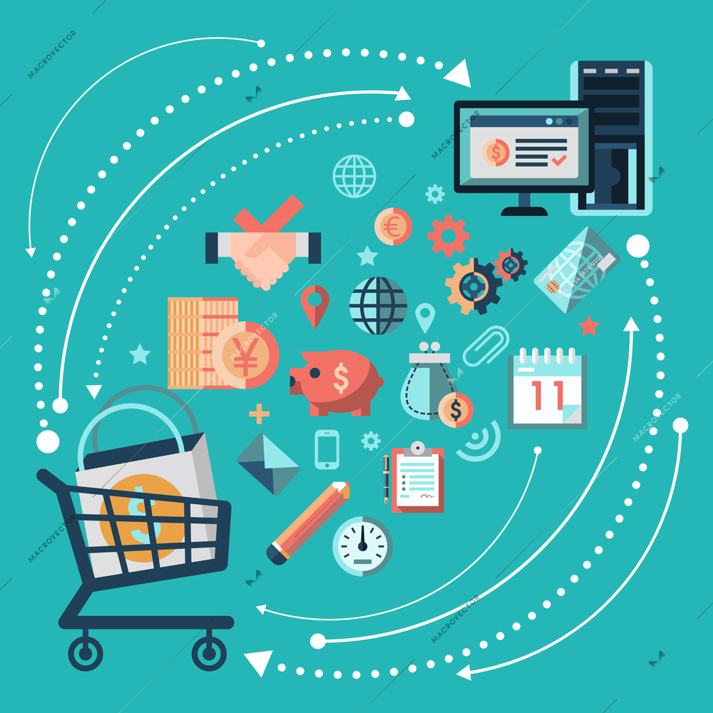 Online shopping trading concept with cart and computer monitor vector illustration