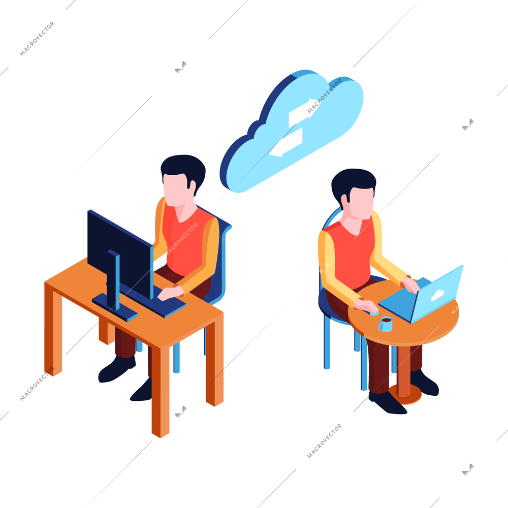 Isometric datacenter cloud service composition with people at computer tables with cloud icon and arrows vector illustration