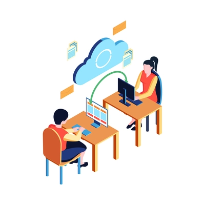 Isometric datacenter cloud service composition with people at computer tables connected to cloud icon vector illustration