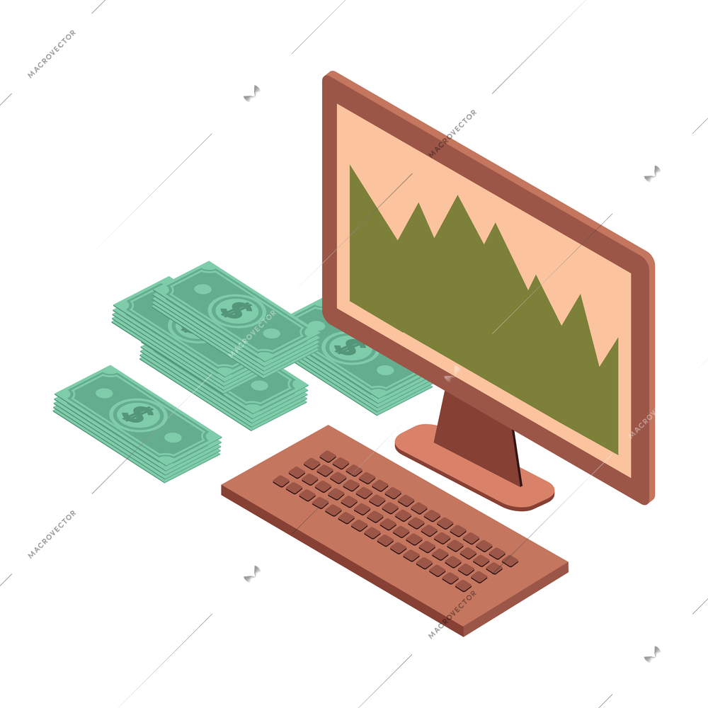 Mortgage isometric composition with isolated image of desktop computer with stocks graph and banknotes vector illustration