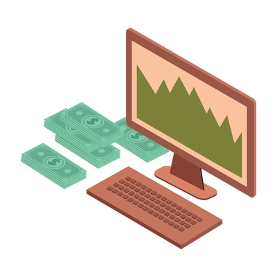 Mortgage isometric composition with isolated image of desktop computer with stocks graph and banknotes vector illustration