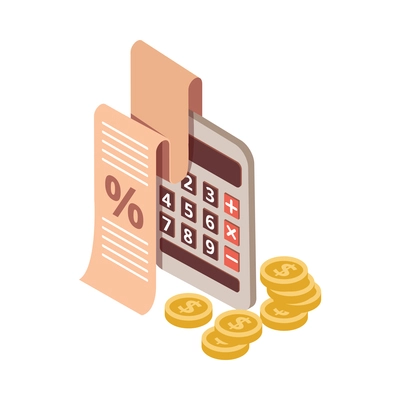Mortgage isometric composition with images of calculator bunch of coins and receipt with percentage vector illustration