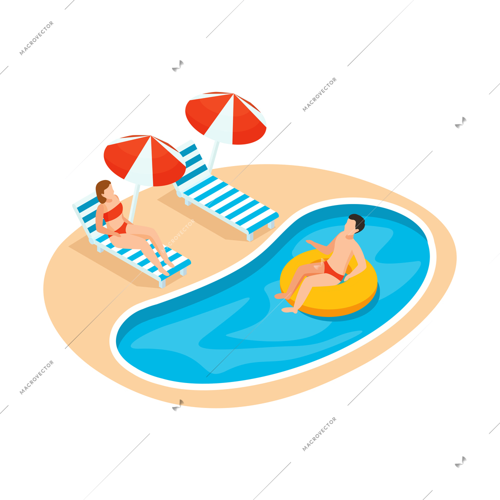 Sea cruise isometric composition with beach scenery and lounge chairs with umbrellas pool and people vector illustration