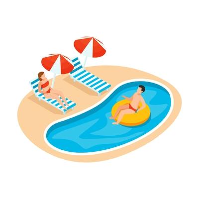 Sea cruise isometric composition with beach scenery and lounge chairs with umbrellas pool and people vector illustration