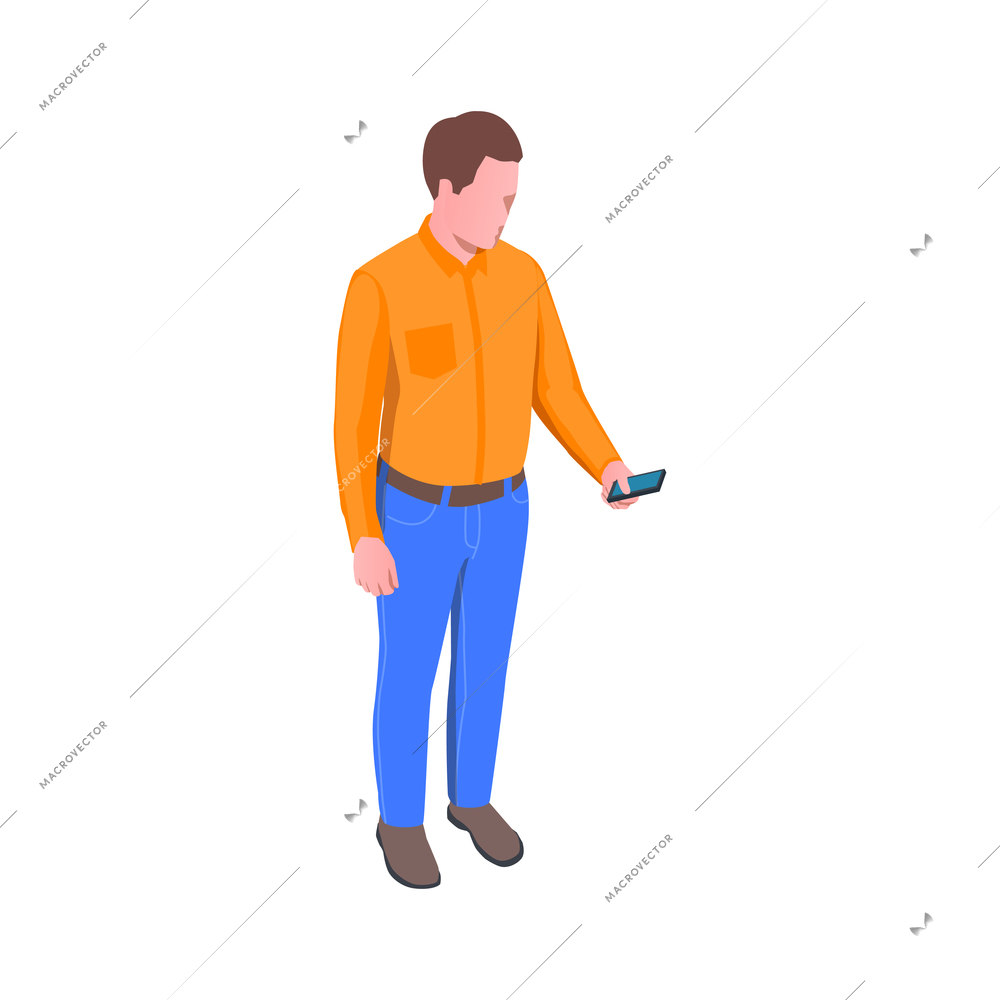 Subway metro isometric composition with isolated male character of passenger holding smartphone vector illustration