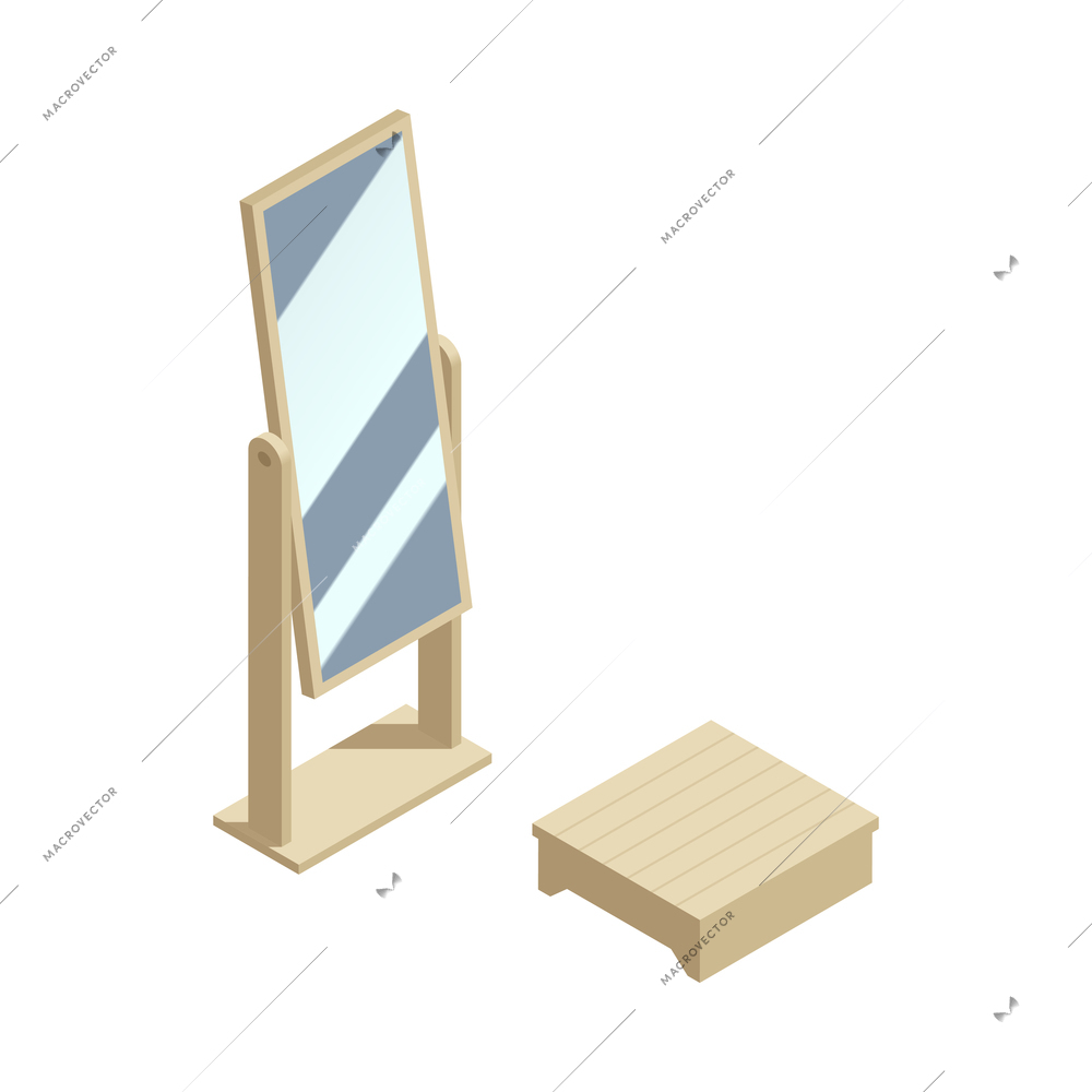 Fashion studio tailor atelier isometric composition with isolated image of vertical mirror vector illustration