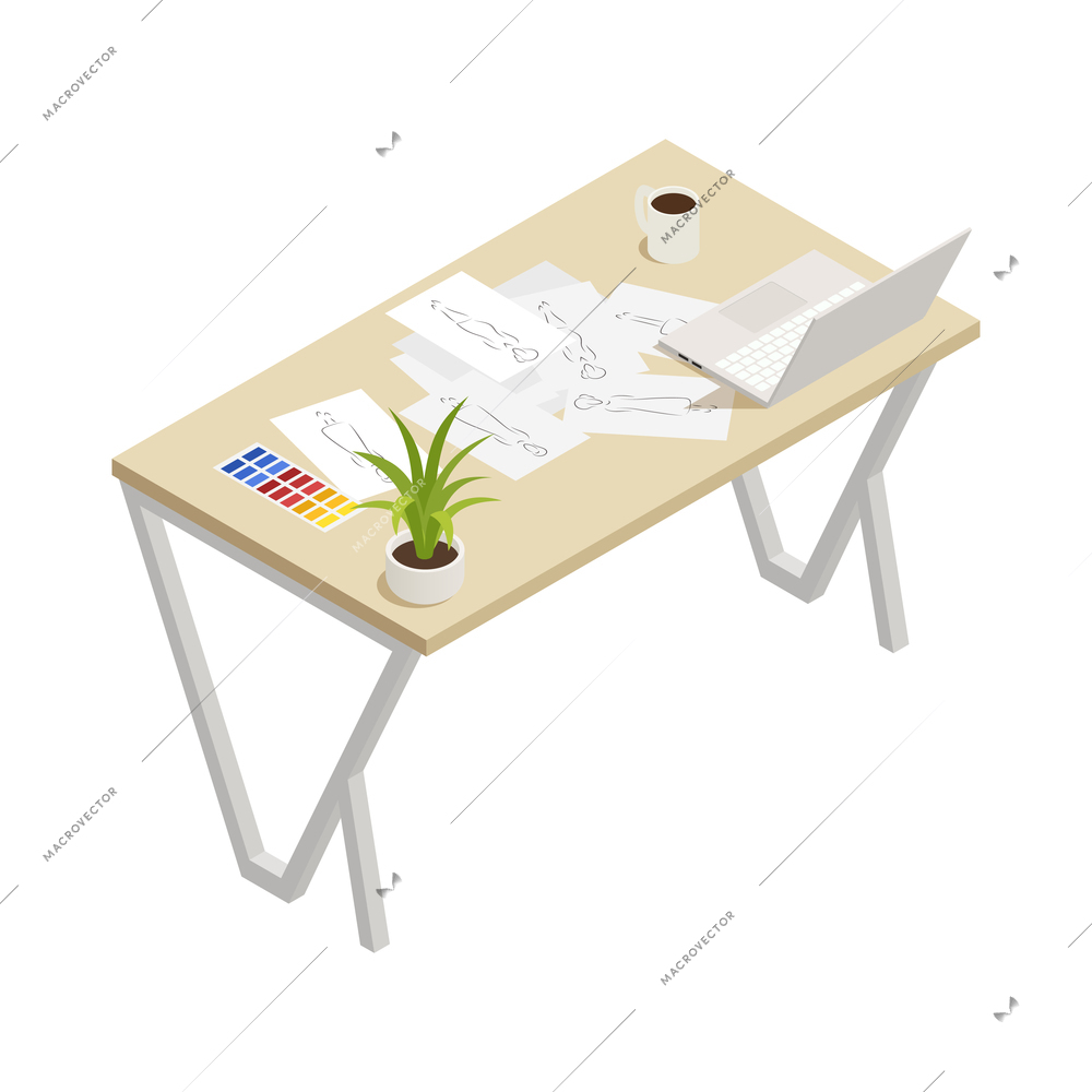 Fashion studio tailor atelier isometric composition with isolated view of clothing designers workplace vector illustration