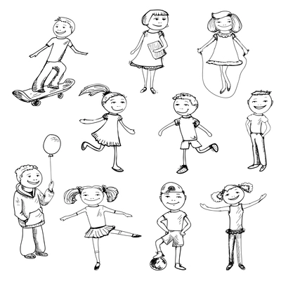 Children boys and girls playing sketch characters set isolated vector illustration