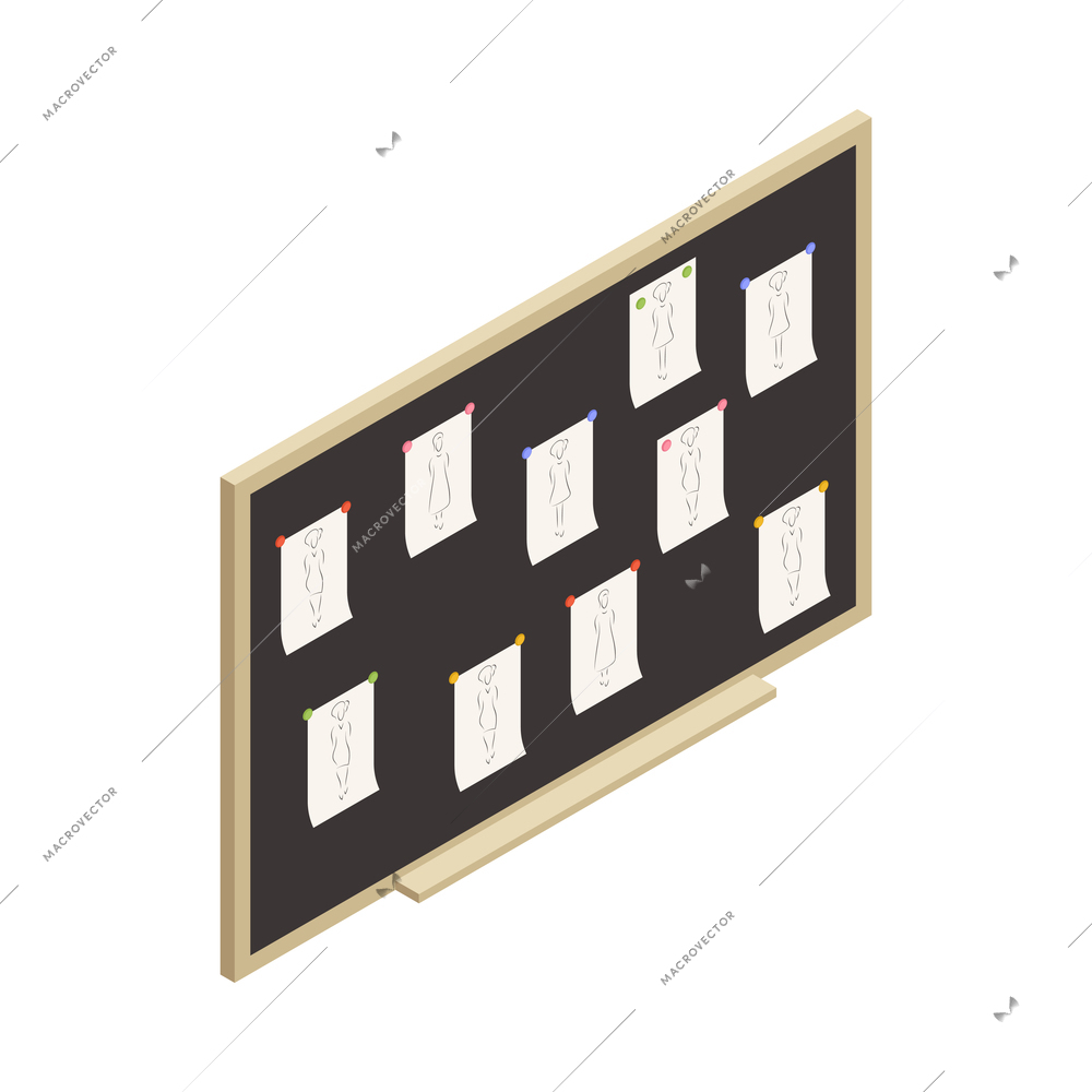 Fashion studio tailor atelier isometric composition with isolated image of board with pinned drafts vector illustration