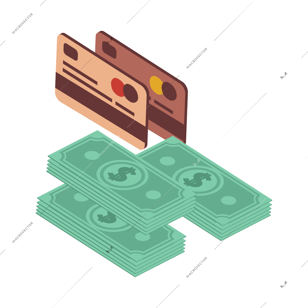 Mortgage isometric composition with isolated image of money banknotes with credit cards vector illustration