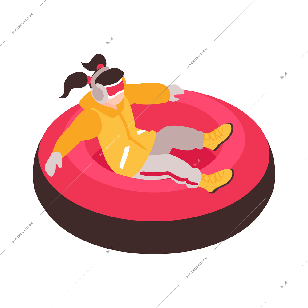 Isometric winter holiday time composition with character of child sledding on inflatable tube vector illustration