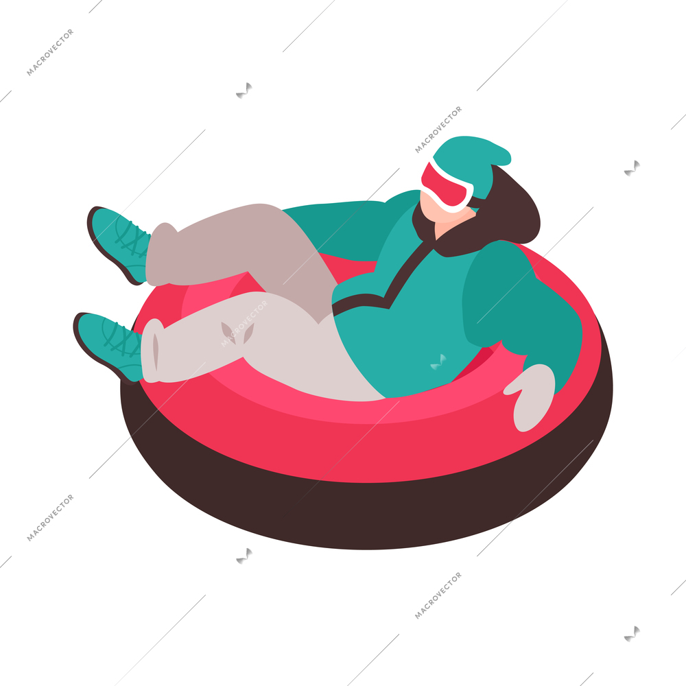 Isometric winter holiday time composition with character of child sledding on inflatable tube vector illustration