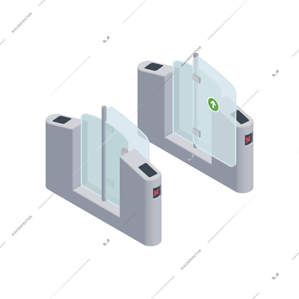 Subway metro isometric composition with isolated image of metro pay gate with open doors vector illustration