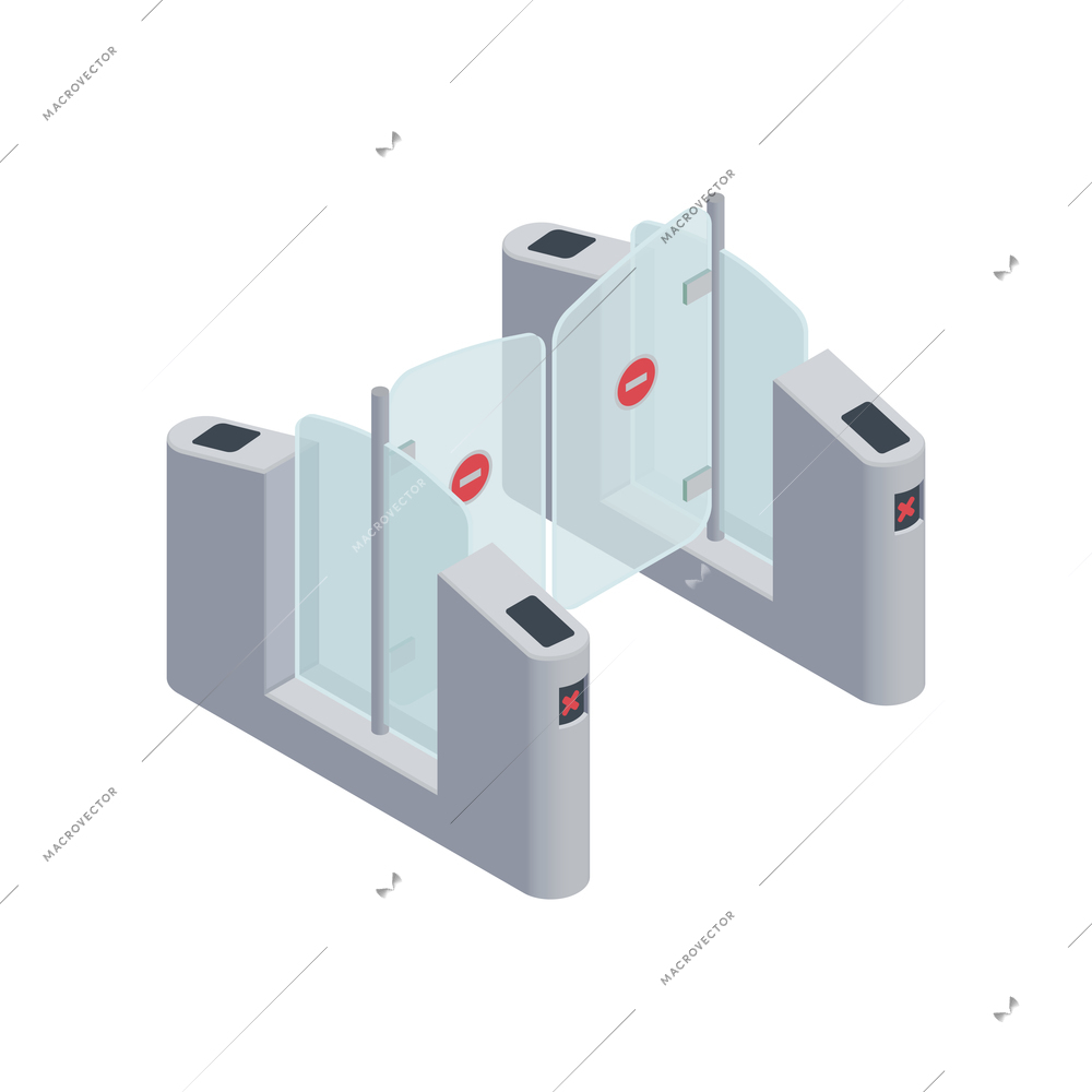 Subway metro isometric composition with isolated image of metro pay gate with closed doors vector illustration