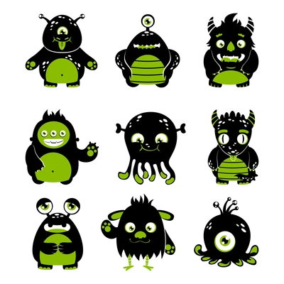 Cute cartoon monsters funny alien character black and green icons set isolated vector illustration