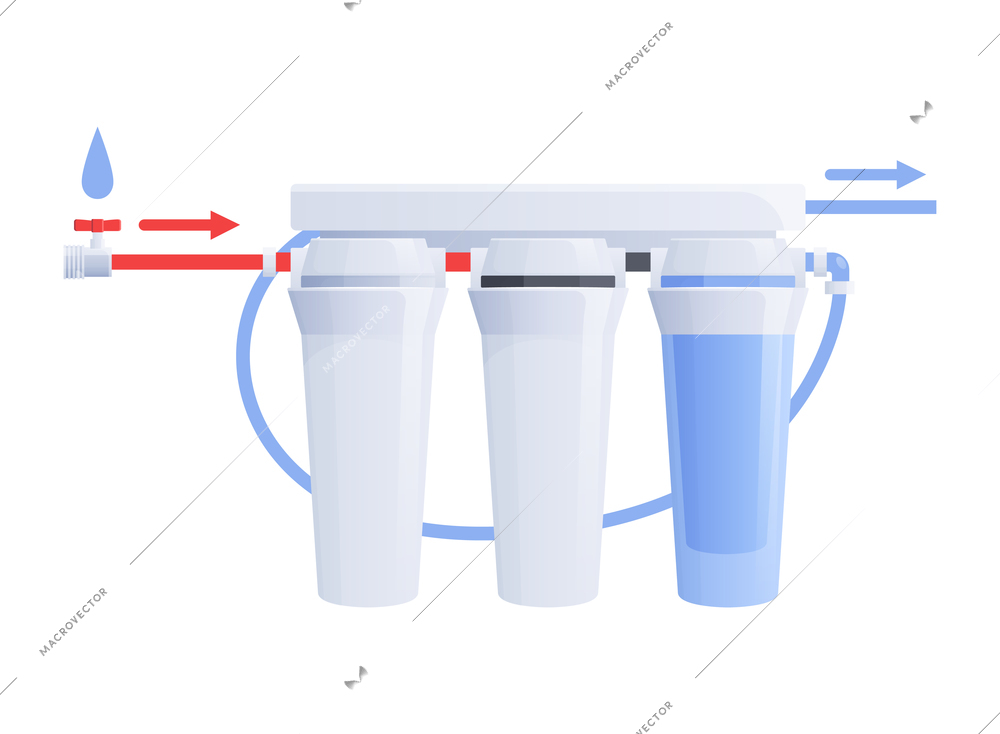 Water filter flat composition with system of multiple filters with flexible tubes vector illustration