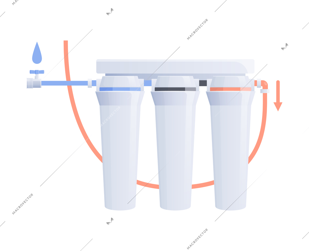 Water filter flat composition with system of multiple filters with flexible tubes vector illustration