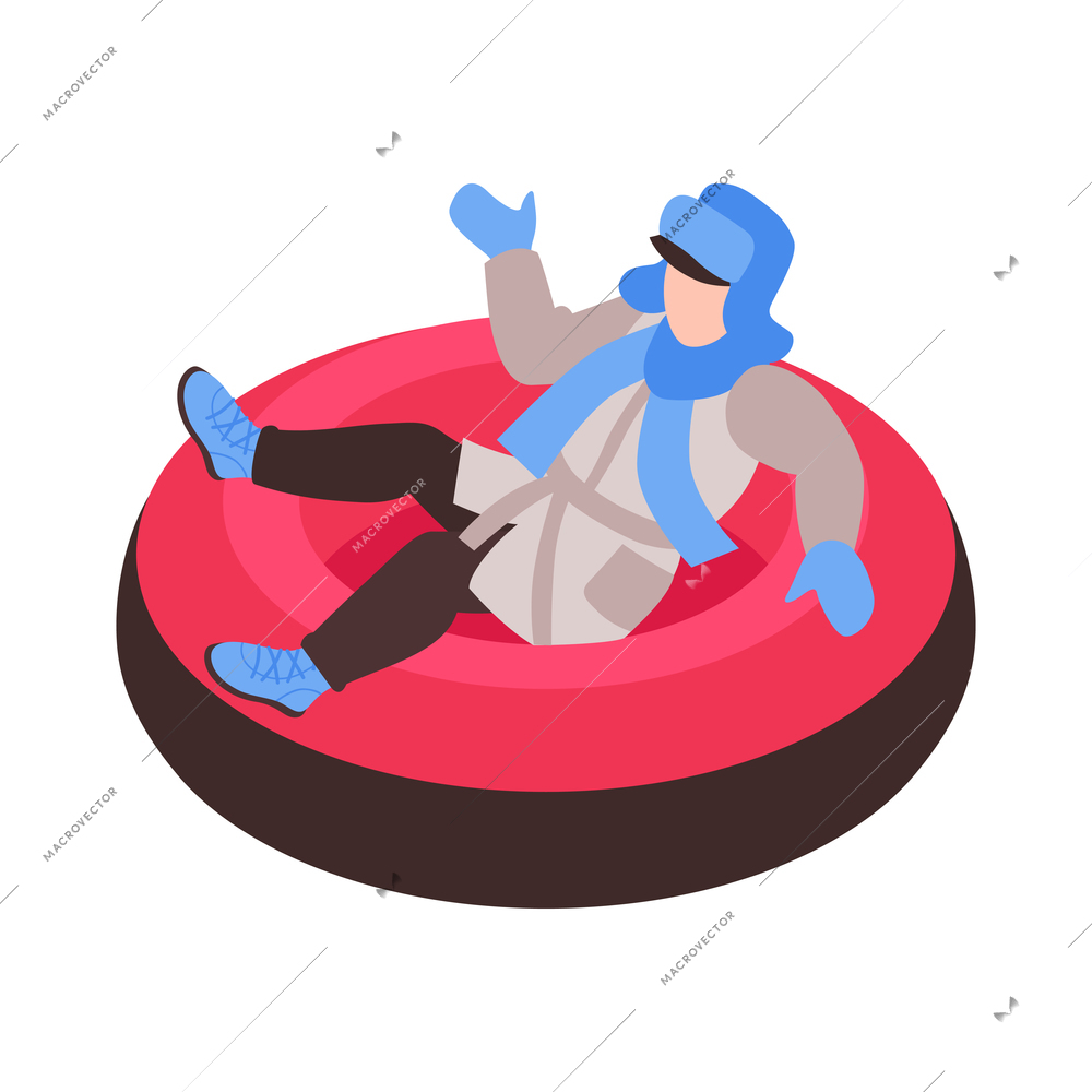 Isometric winter holiday time composition with character of child sledding on inflatable tube vector illustration