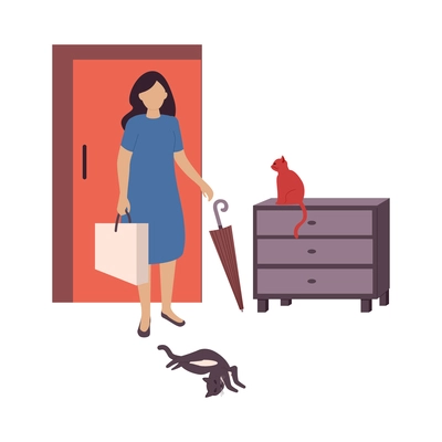 People with cats flat composition with isolated view of woman coming home meeting her cats at door vector illustration