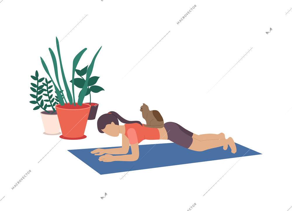 People with cats flat composition with isolated view of practicing woman with cat on back vector illustration