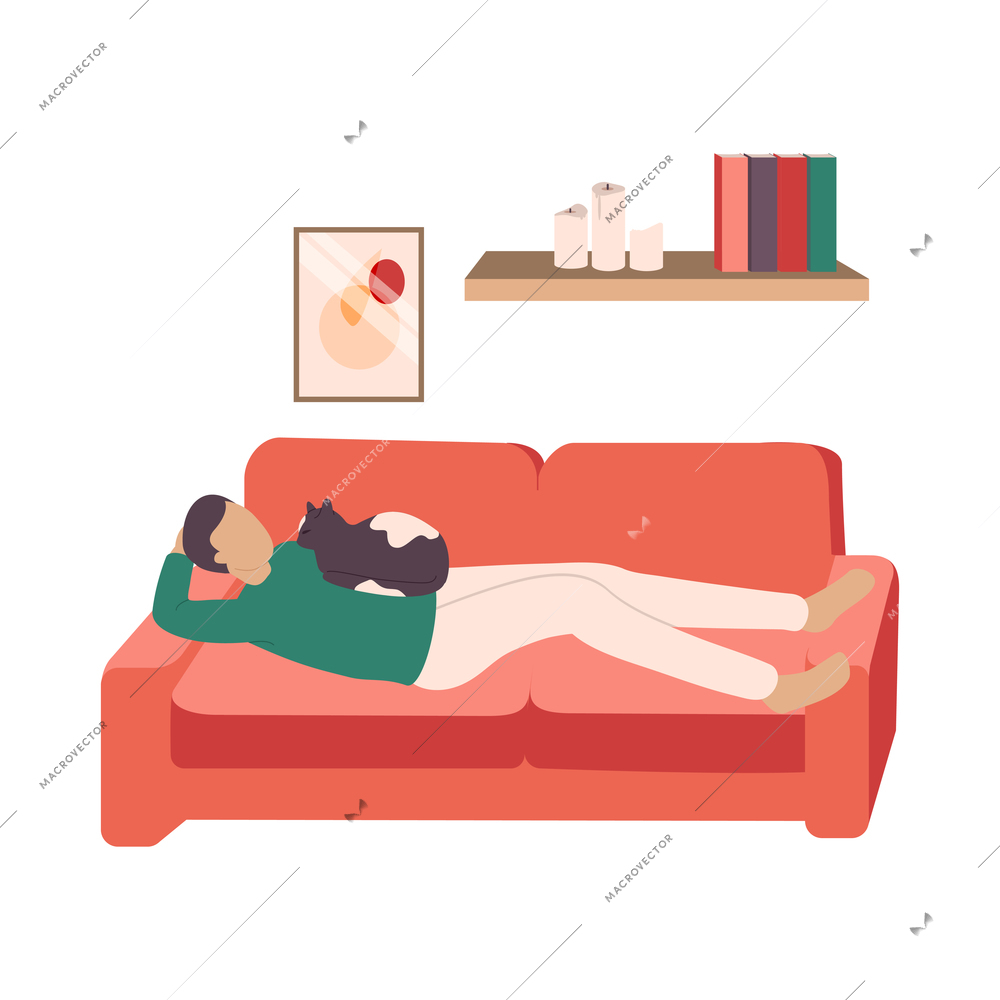 People with cats flat composition with isolated view of relaxing man lying on sofa with cat vector illustration