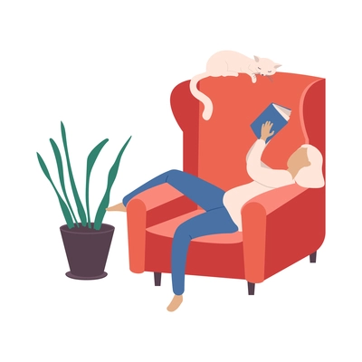 People with cats flat composition with isolated view of reading woman with cat on armchair vector illustration