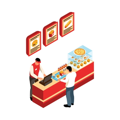 Isometric street food composition with isolated view of shop counter with client seller and showcase vector illustration