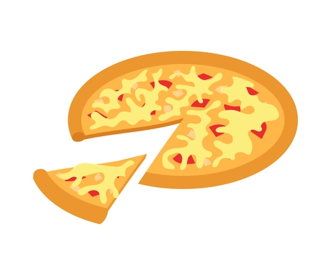 Isometric street food composition with isolated image of round pizza with cut slice vector illustration