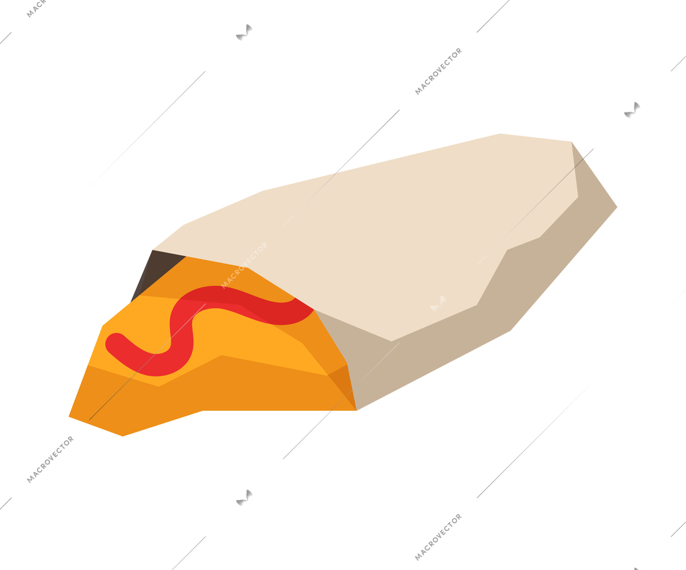 Isometric street food composition with isolated image of fastfood meal rolled in paper vector illustration