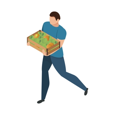 Bazaar isometric composition with isolated human character carrying pallet full of greens vector illustration
