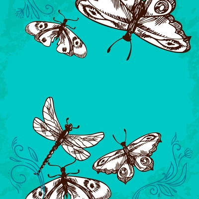 Butterflies and dragonflies insects blue background with floral ornament vector illustration