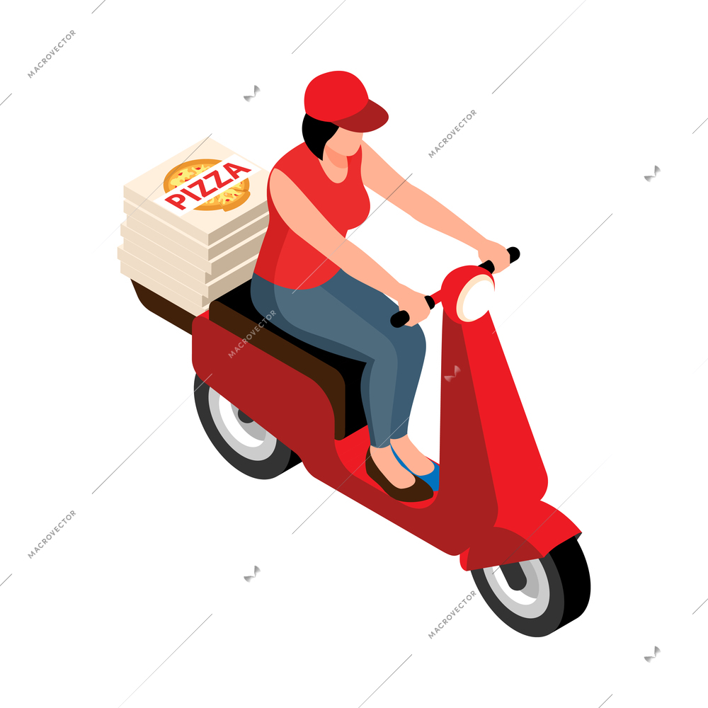 Isometric street food composition with isolated image of girl riding scooter with stack of pizzas vector illustration