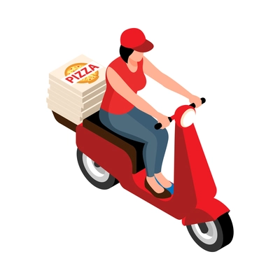 Isometric street food composition with isolated image of girl riding scooter with stack of pizzas vector illustration