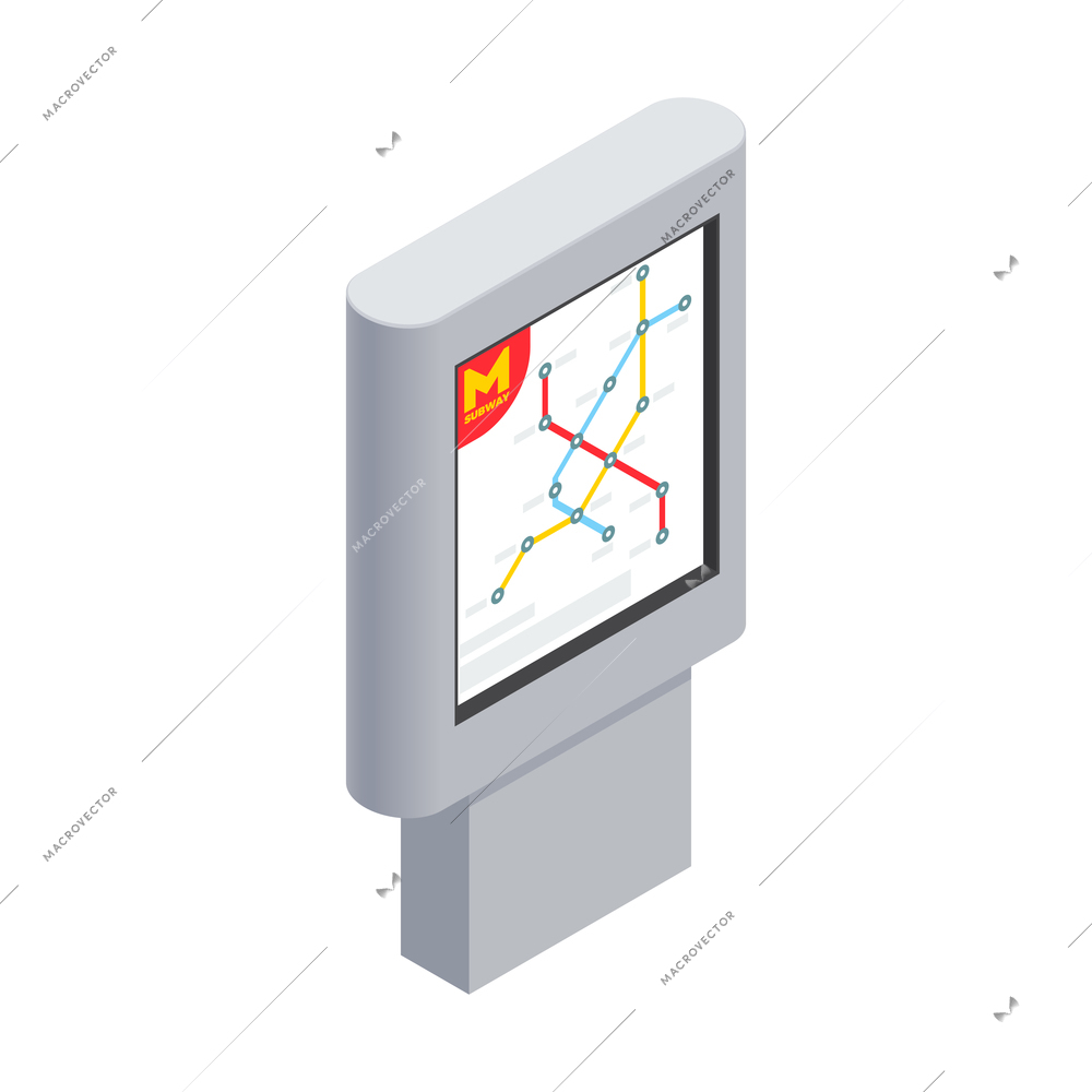 Subway metro isometric composition with isolated image of panel with colorful map of metro lines vector illustration