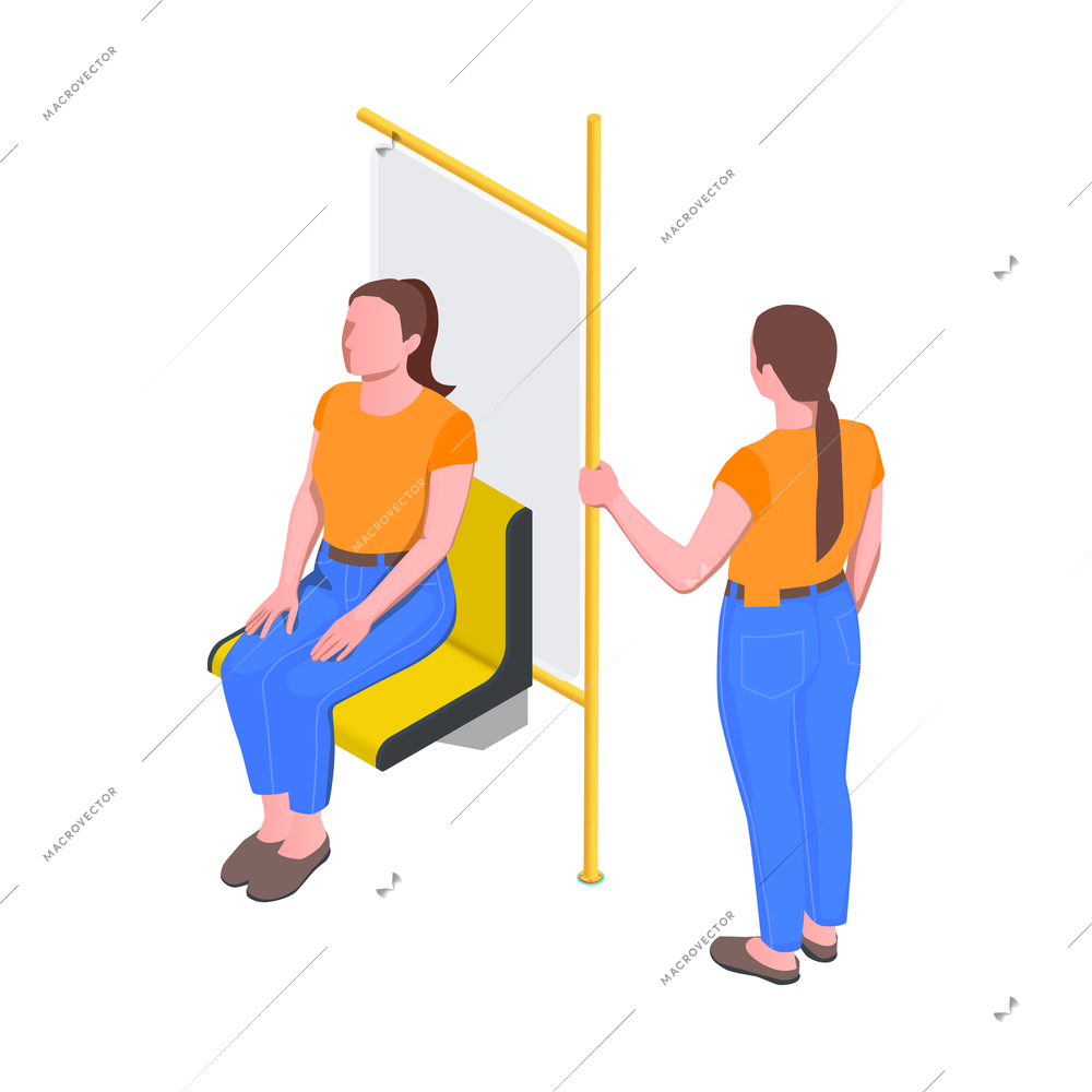 Subway metro isometric composition with characters standing and sitting female passengers vector illustration