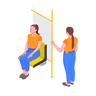Subway metro isometric composition with characters standing and sitting female passengers vector illustration