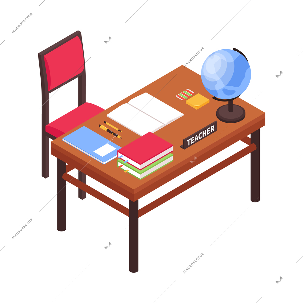 Isometric junior school composition with isolated image of teachers classroom workplace vector illustration