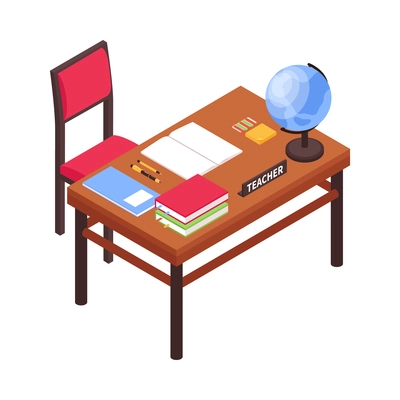 Isometric junior school composition with isolated image of teachers classroom workplace vector illustration